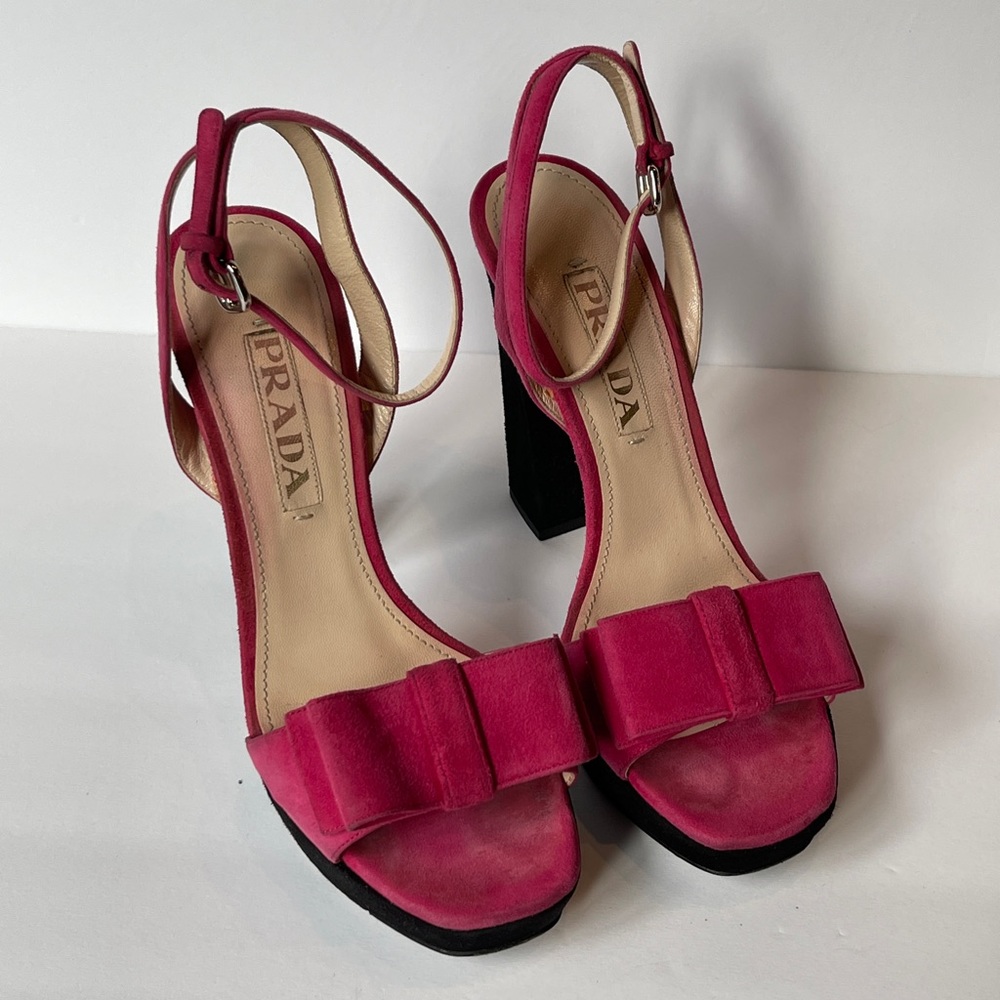 Prada Pink Suede Platform Sandals with Black Block Heel no box - Picture 10 of 10